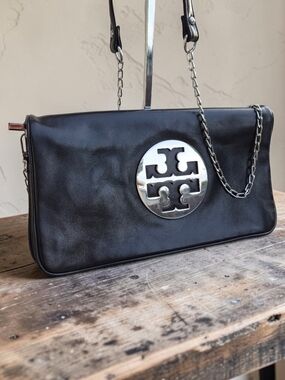 Tory Burch Reva Black Leather Crossbody Clutch